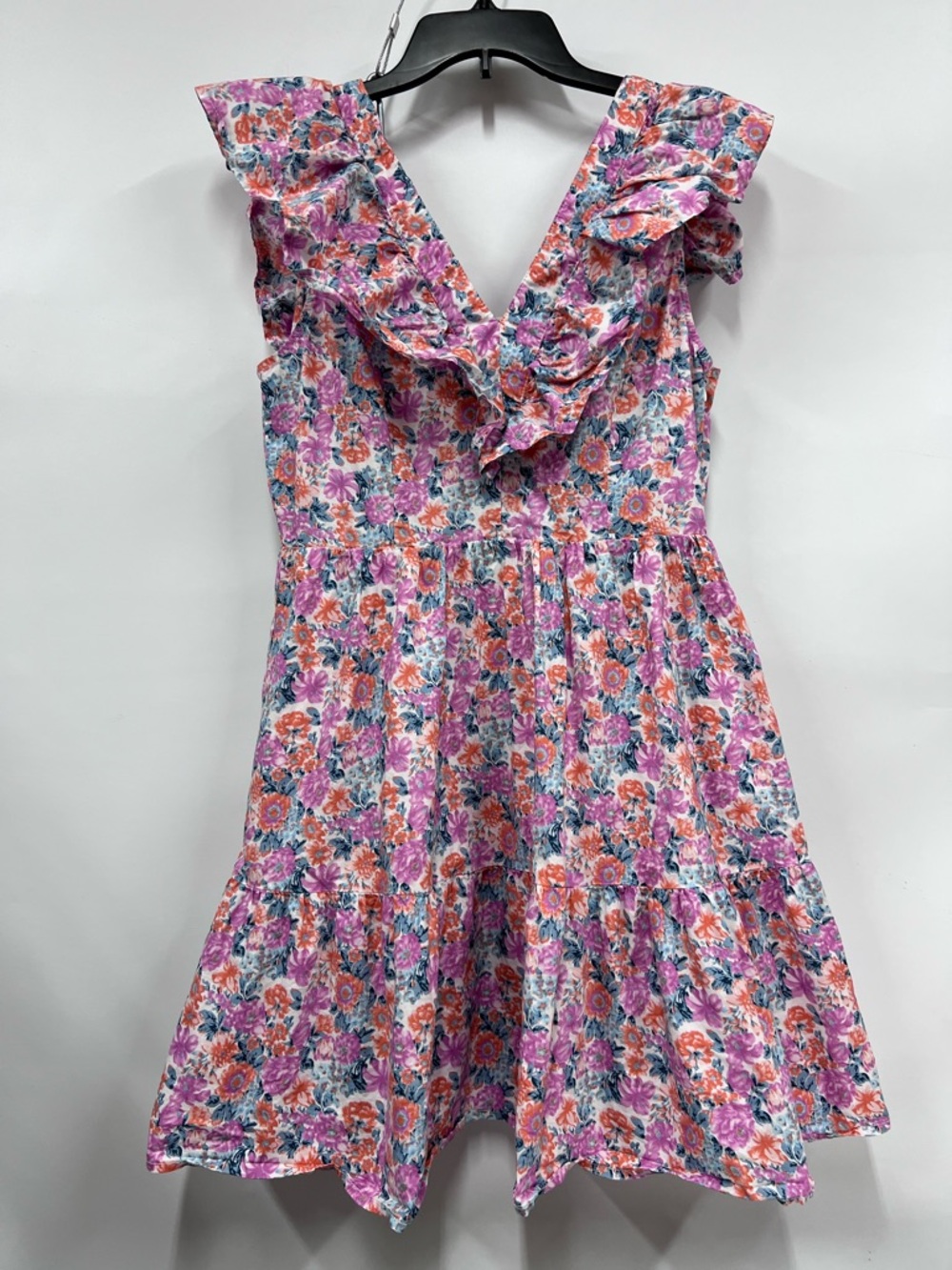 entro women’s Floral Ruffle V-Neck Dress L- Pink, Orange & Blue smocked back